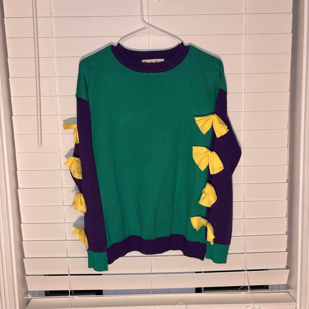 Vibrant Green and Purple Sweater with Yellow Accents